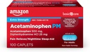 Cuidado básico Acetaminofeno PM Caplets, Dolor Reliever Plus Ayuda para dormir nocturna, Fuerza adicional, ayuda a los dolores menores ocasionales, dolores y alivio de dolor de cabeza, 100 Cuenta, Packaging puede variar