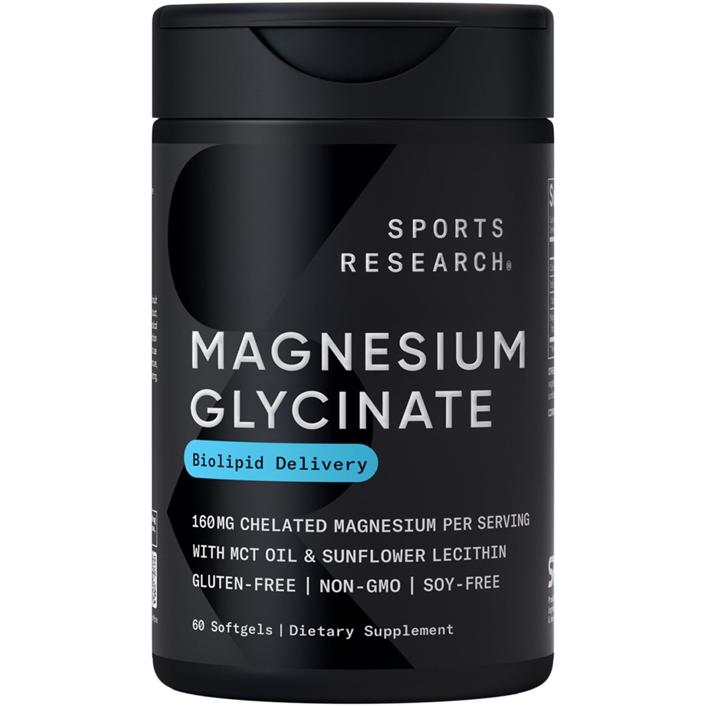 Sports Research® Magnesium Glycinate - Supports Restful Sleep & Enzymatic Processes - 160 mg Chelated Magnesium - Liquid Softgel - 60 Count