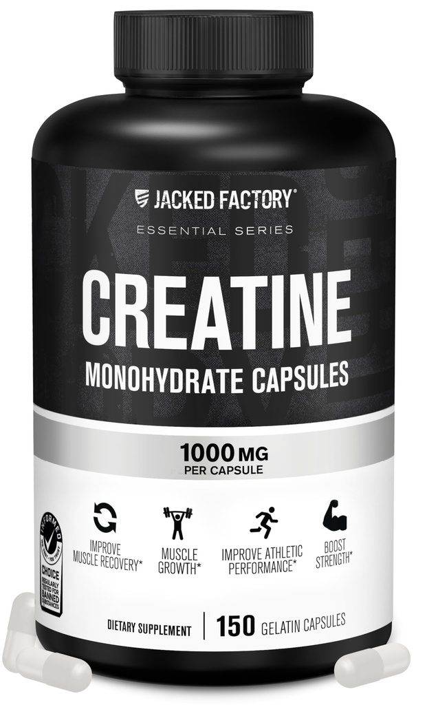 Cápsulas de Monohidrato de Creatina Jacked Factory Creatine - Píldoras de Creatina para el Crecimiento del Musculo, Aumento de la Fuerza, Mejora de la Energía y Mejor rendimiento atlético - 150 Cápsulas