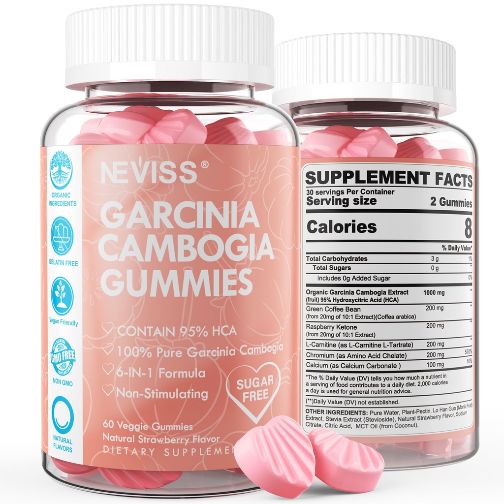Azúcar Garcinia Cambogia Gummies 1000mg 95% HCA Extracto puro con L-Carnitina, Raspberry Ketone, cromo, verde grano de café para el metabolismo, 100% extracto orgánico, Vegan, sabor a fresa 60 Cts