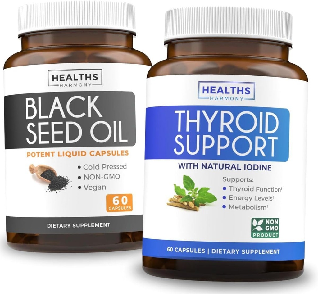 Soporte de tiroides " Aceite de semillas negras (1-Mes) Boost de tiroides de semillas negras - Soporte de tiroides (60 cápsulas) Suplemento de salud " Aceite de semillas negras (60 cápsulas) Nigella Sativa - No GMO