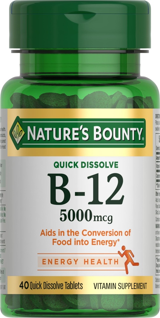 La vitamina B12 de la naturaleza, apoya el metabolismo energético y la salud del sistema nervioso, 5000mcg, 40 tabletas rápidas de consolación