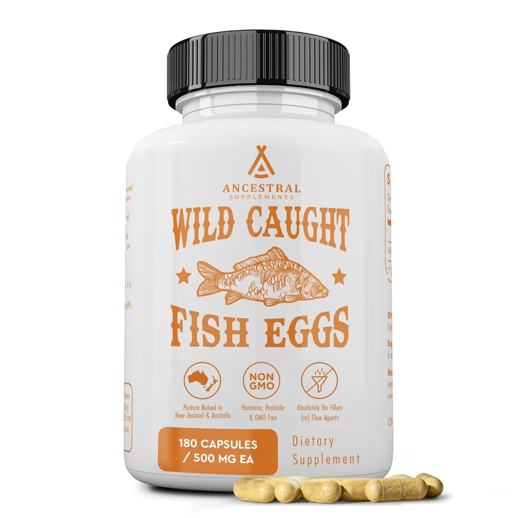 Ancestral Supplements Wild Caught Fish Eggs, 2400mg, Omega-3 Supplement Supports Brain, Heart, Fertility and Inflammatory Health, Whole Food Source of Vitamin D, K2, and A, Non-GMO, 180 Capsules