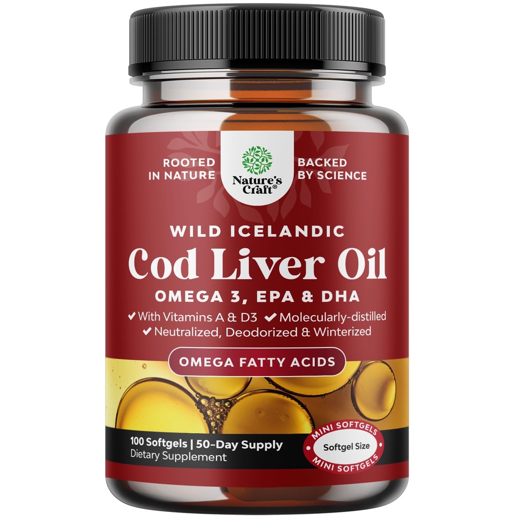 Icelandic Wild Caught Cod Liver Oil Softgels - Fish Omega 3, EPA, DHA, Vitamin D & A, 1000mg Per Serving - Burpless Capsules for Heart, Joint, Brain & Immune Support - 100 Count