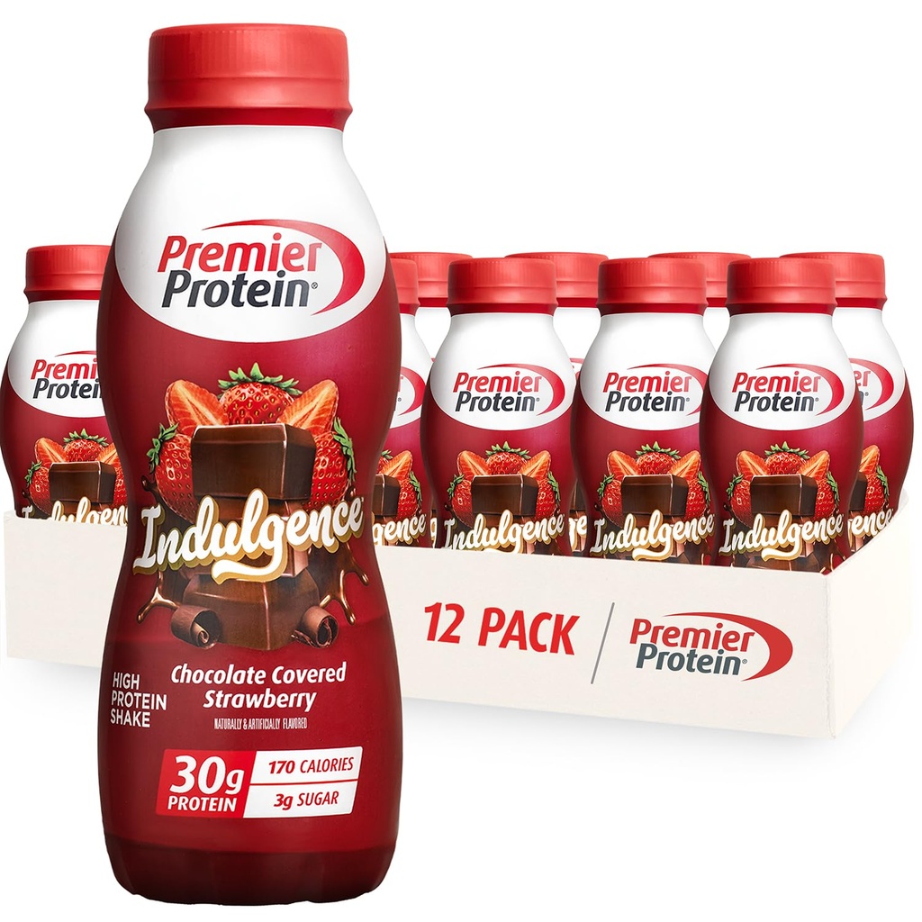Premier Protein Indulgence Protein Shake, 30g Protein, 3g Sugar, Chocolate Covered Strawberry, 11.5 fl oz, Pack de 12