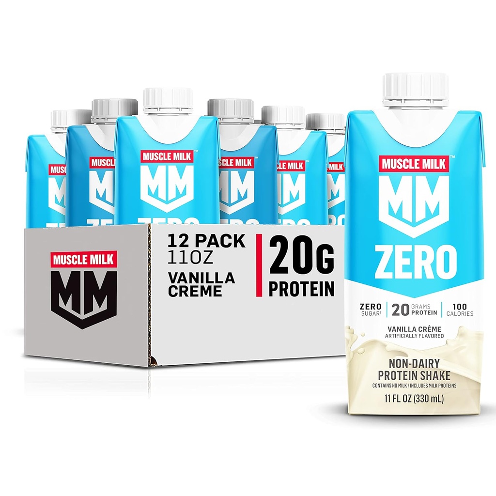Muscle Milk Zero Protein Shake, Vanilla Crème, 11 Fl Oz Carton, 12 Pack, 20g Protein, Zero Sugar, 100 Calories, Calcio, Vitaminas A, C &amp; D, 4g Fiber, Energizing Snack, Packaging May Vary,12 Count (Pack of 1)