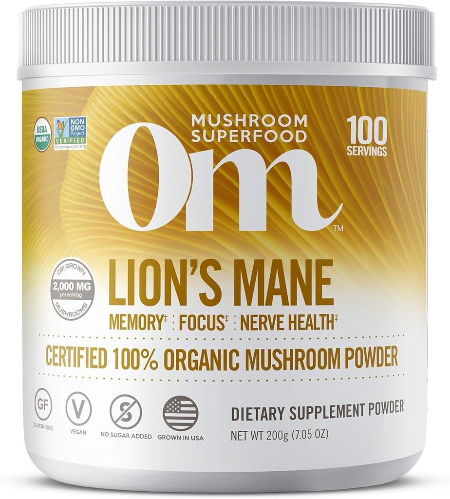 Om Organic Mushroom Nutrition Lion's Mane: Memory, Focus, Nerve Health, 100 porciones, 7.14 onza, 200 gramos