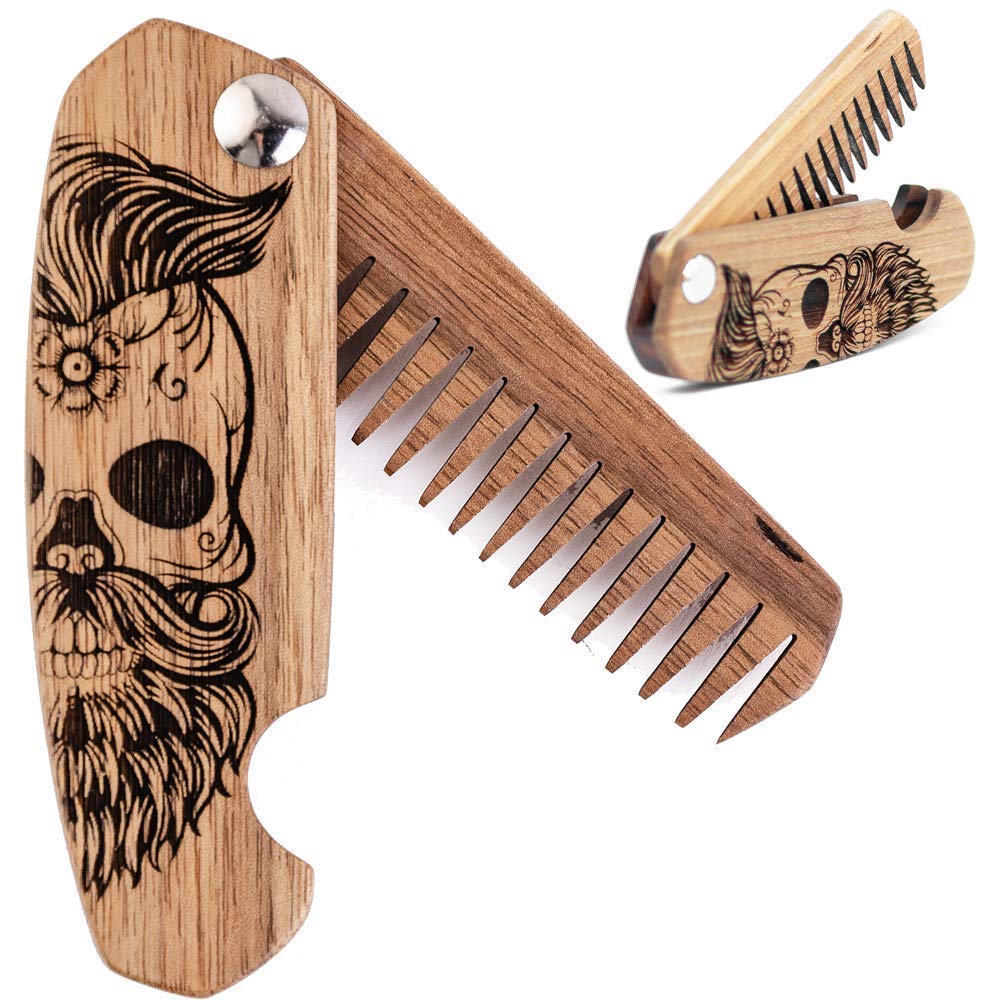Enjoy The Wood Beard Comb for Men, Folding Pocket Beard Accessories for Men, Engraved Walnut Wooden Comb for Moustache, Beard & Hair For Him (Half Skull)