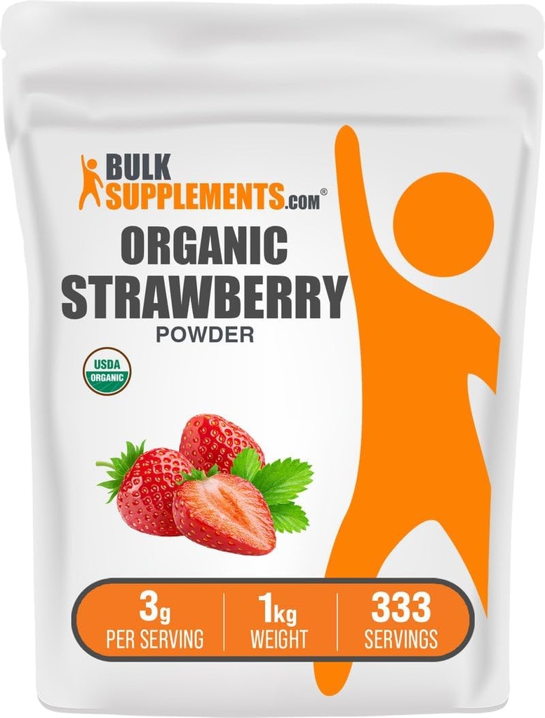 BulkSupplements.com Polvo de Fresa Orgánica - Polvo de Frutas de las Fresas Orgánicas - No Sugar Añadido " Gluten Free, 3g per Serving, 1kg (2.2 lbs) (Pack of 1)