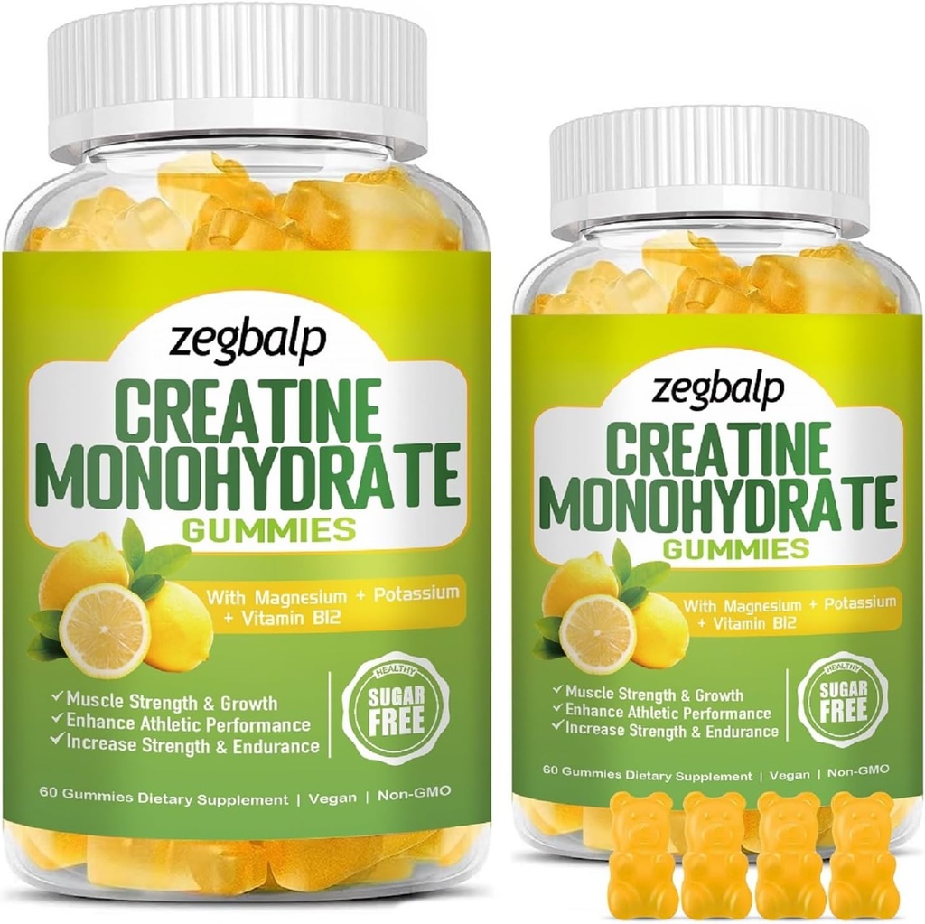 Suplemento de Monohidratos de Sugar Free Creatine Gummies para Hombres &amp; Mujeres Monohidratos de Creatina con Magnesio & Vitamina B12 Para el crecimiento de la fuerza muscular, Boost de energía, Suplemento de Pre-Workout, 120 Condes