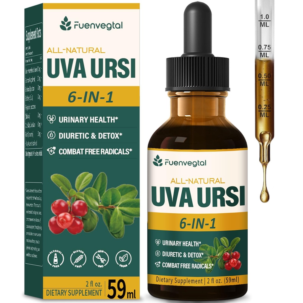 Uva Ursi Bearberry Natural Diuretic Drops, Urinary Health & Kidney Cleanse Detox Herbal Supplement Support UTI & Water Away, Extracto W/Dandelion Root Cranberry, Alcohol-Free Tincture.2oz