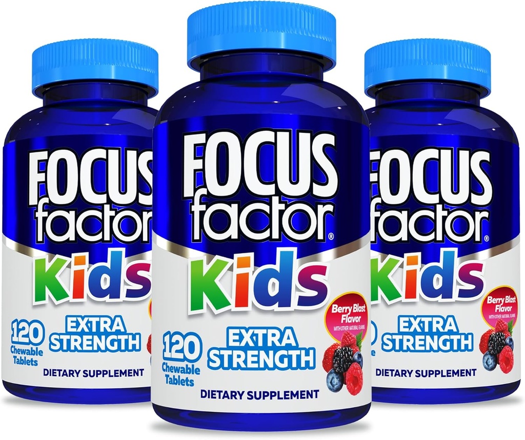 Focus Factor Kids Extra Strength Daily Chewable for Brain Health Support, 120 Count – Vitamins for Kids - Quality Formula – Gluten & Dairy Free Supplements for Children (3 Pack)