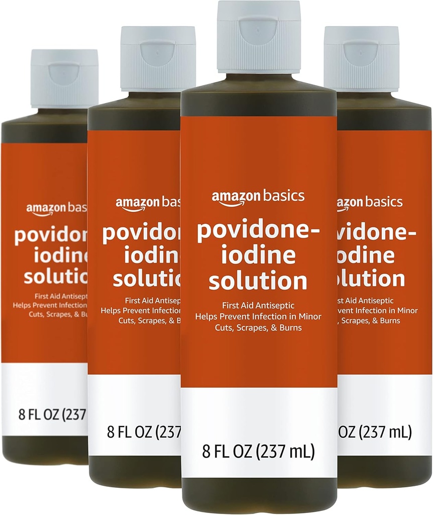 Basics First Aid Antiseptic, 10% Povidone Iodine Solution, 8 Fl Oz, Pack of 4
