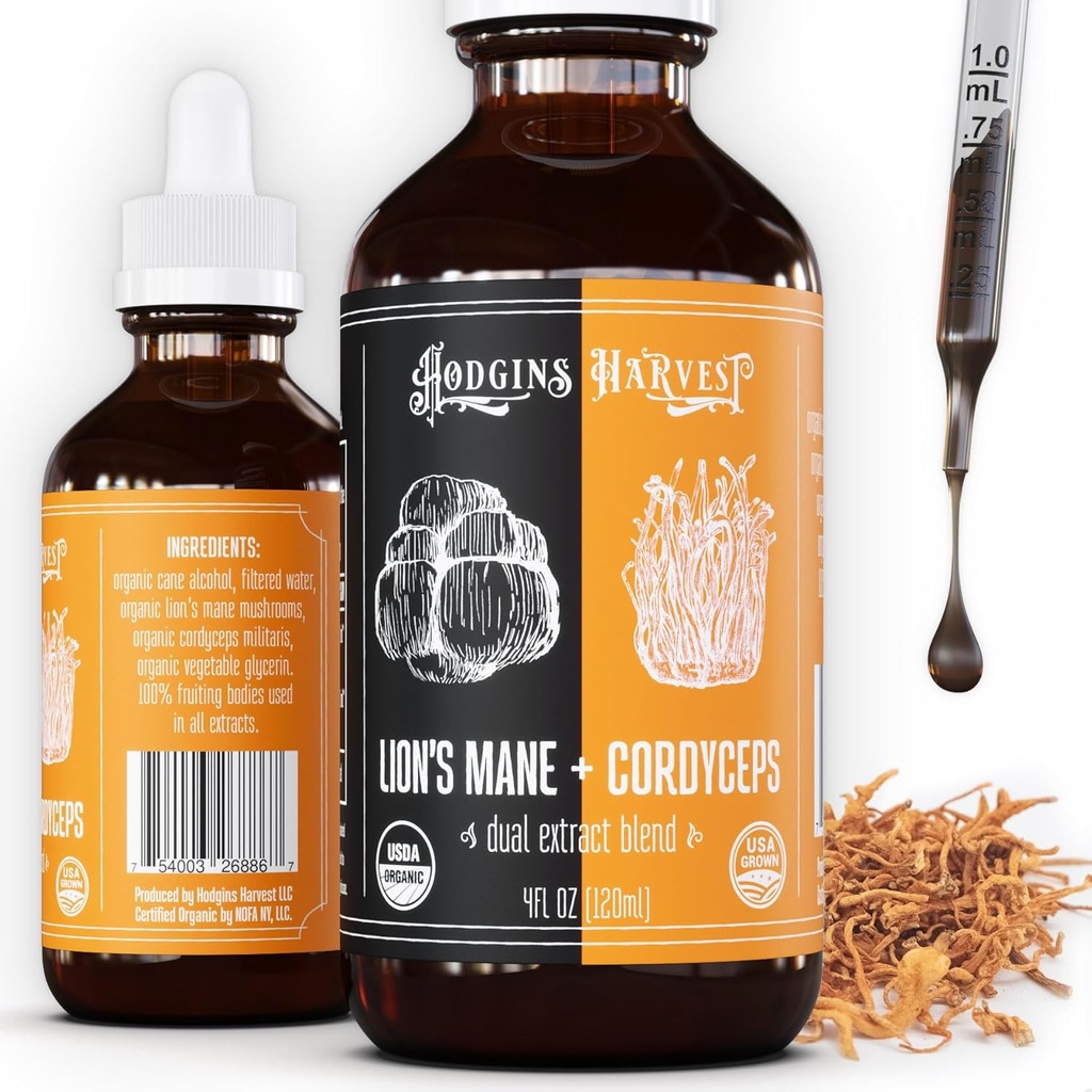 Hodgins Harvest Organic Lion’s Mane + Cordyceps Tincture | Made with Mushrooms Grown On Our Farm in The USA | Dual Extract | Extra-Concentrated (4 fl oz)