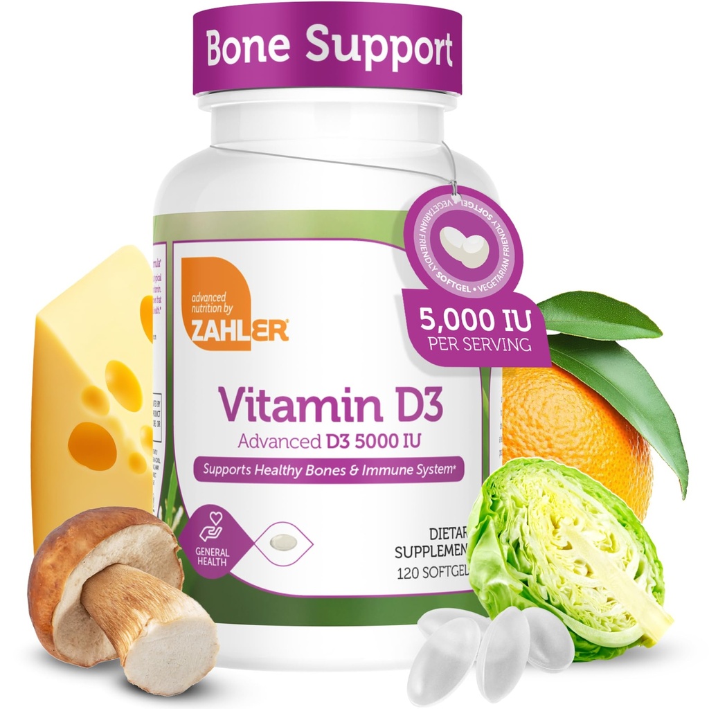 Zahler - Advanced Vitamin D3 5000 IU Softgels (120 Count) Kosher Vegetarian Friendly Vitamin D for Immune Support, Bone, Teeth & Muscle Health - Daily D3 Vitamin Supplement for Adults - Easy Swallow V