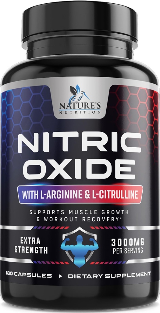 Nitric Oxide Booster Extra Strength 3000mg - 3X Strength L-Arginine & Citrulline, Best Nitric Oxide Suplementos para Hombres, Supports Muscle, Heart Health, Energy Supplement, Bottled in USA, 180 Capsules