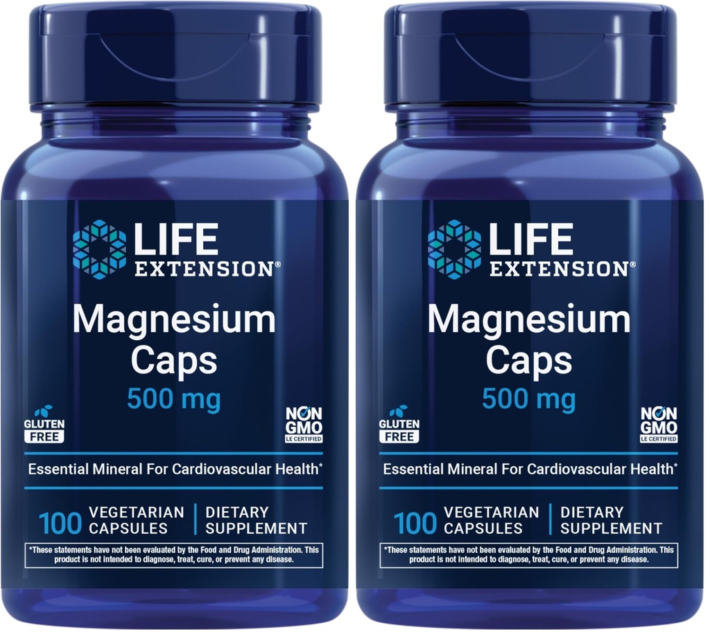 Extensión de la vida Caps de magnesio, 500 mg, óxido de magnesio, citrato, sucinto, salud cardíaca, huesos saludables, apoyo metabolismo, 100 cápsulas vegetarianas (Pack of 2)