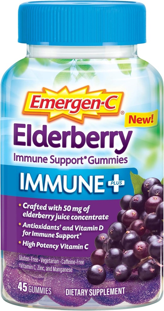 Emergen-C Immune+ Elderberry Gummies, 750 mg Vitamin C with Vitamin D, Zinc and Electrolytes, Immune Support Dietary Supplement, Caffeine Free, Gluten Free, Elderberry Flavor - 45 Count