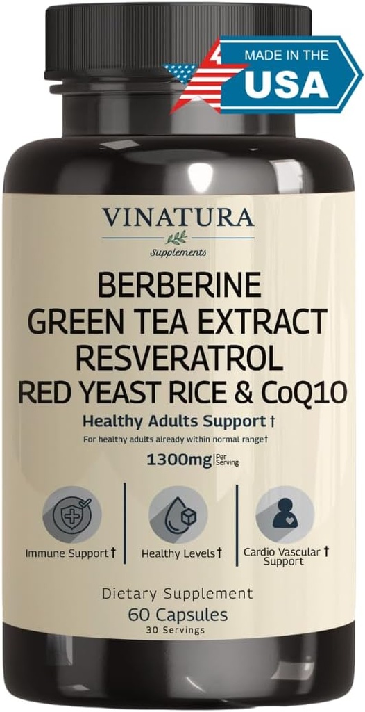 VINATURA Berberine HCL " Ceylon Cinnamon - Red Yeast Rice " CoQ10 1300mg por Serving *USA Made " Tested* Healthy Levels with Green Tea Extract, Resveratrol, Magnesium, Glycinate, Chromium Picolinate