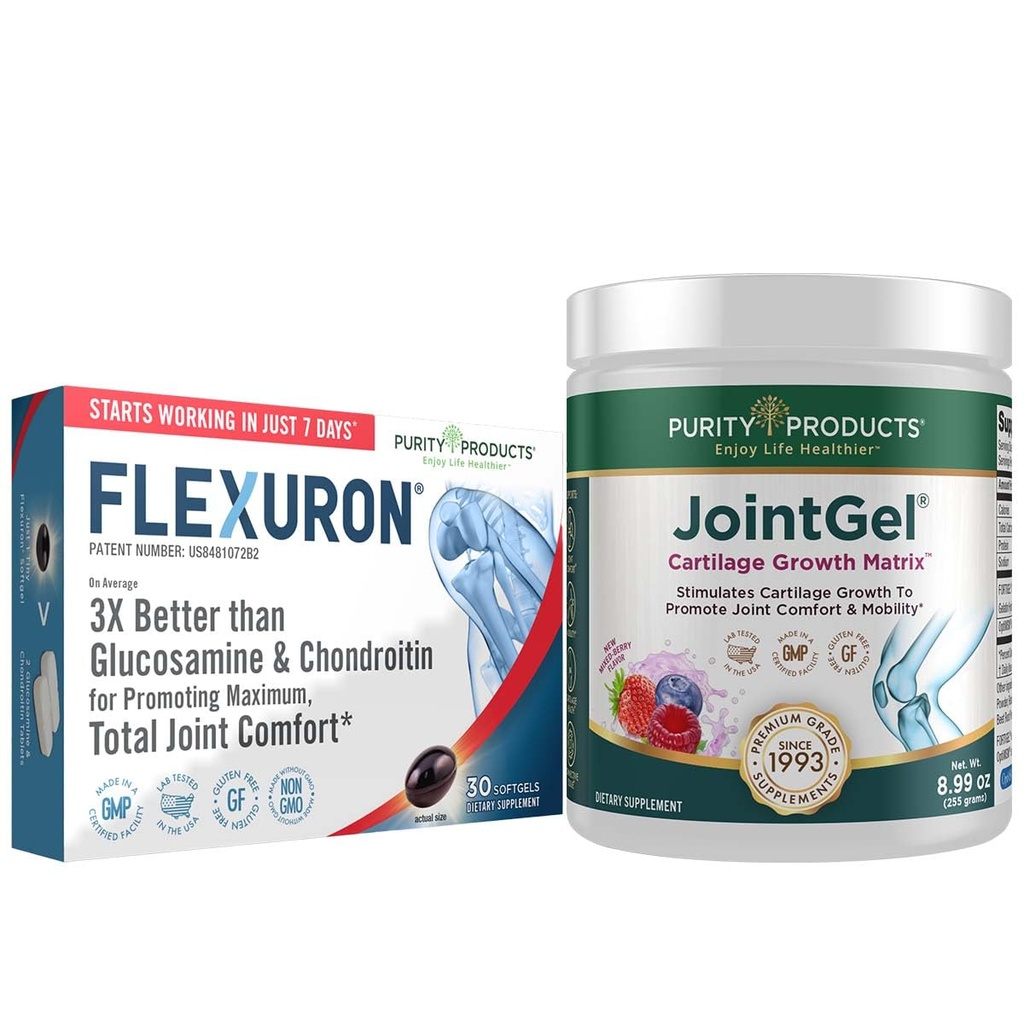 Purity Products Flexuron Joint Fórmula + Joint Gel Flexuron (Krill Oil, Low Molecular Weight Hyaluronic Acid, Astaxanthin) - Joint Gel Berry Powder (Bioactive Collagen Peptides + MSM)
