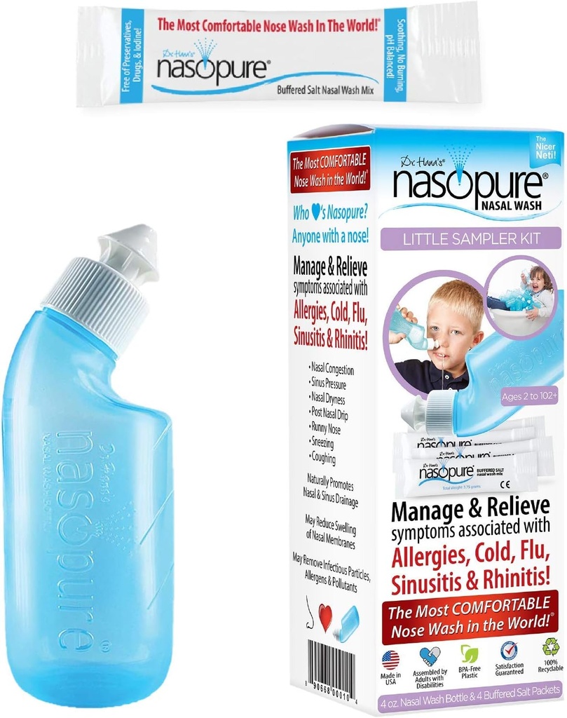 Nasopure Nasal Wash, Little Sampler Kit, “The Nicer Neti Pot” Sinus Wash Kit, Cómodo Nasal Rinse 4 Oz Bottle &amp; 4 Sal Packets (3.75 Gr Cada), Nasal Congestión, frío, alergia, riego nasal