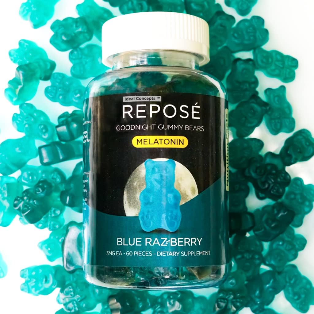 Reposé Goodnight Melatonin Gummies 3mg Por Serving, 30 Day Bottle (60 Gummy Bears) - Chewable Sleep Supplement for Adults - Non Habit Forming Natural Sleep Aid