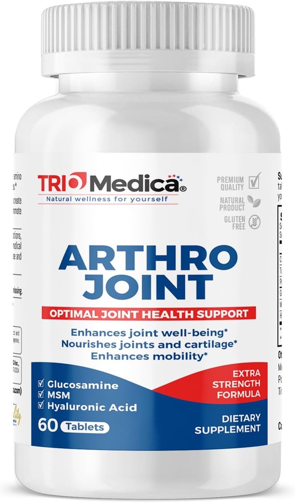 Arthro Joint Glucosamine MSM + Tablet de ácido hialurónico, soporta estructura conjunta saludable, función " Comfort, no Gluten Free, Soy Free, 60 Conde (Pack of 1)