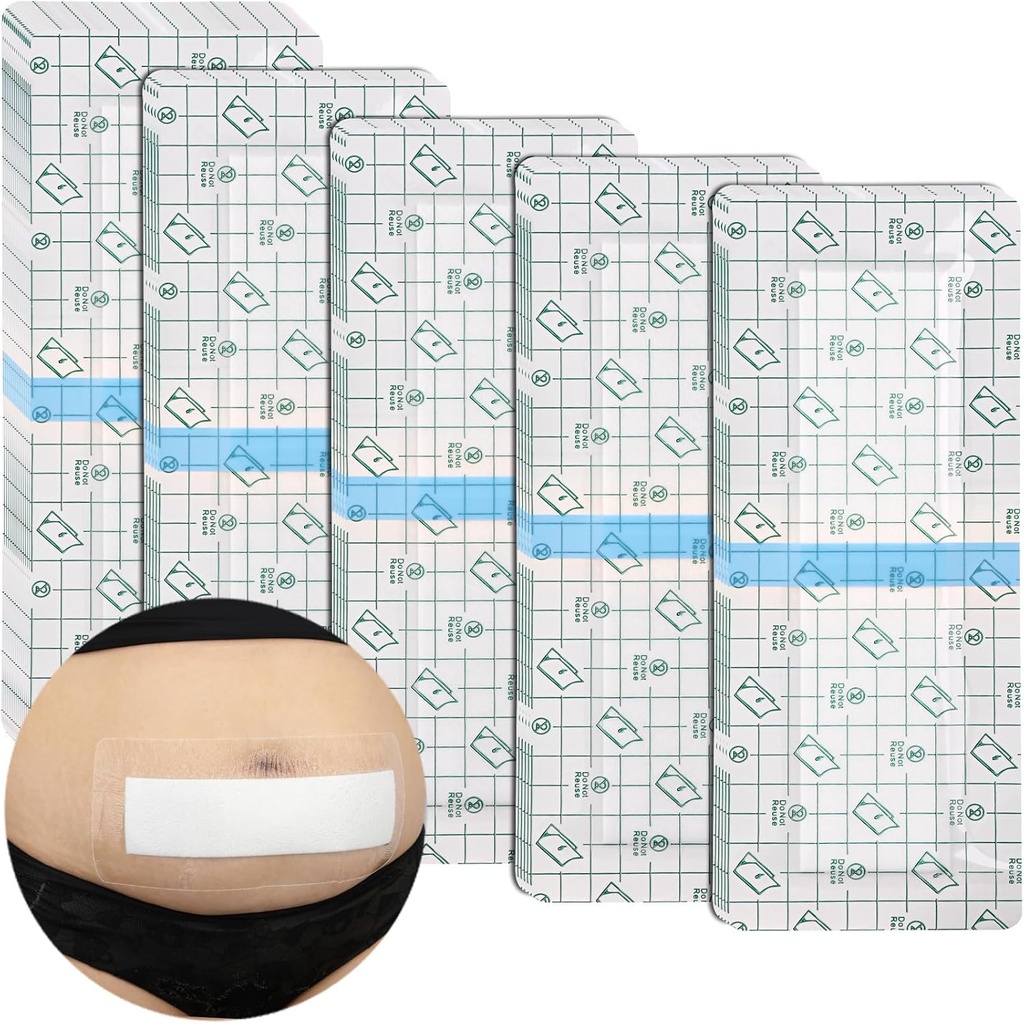 C-Section Waterproof Abdominal Incision Bandages Post Hysterectomy Tummy Tuck Shower Protector Scar Cover with Protective Pad Patches Island Dressing Tapes Large Wound Care Supplies 4x10 Pack of 25