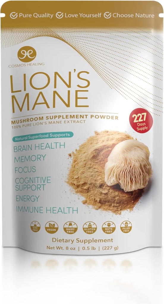 Lion's Mane Mushroom Supplement Powder, 8 oz peru Natural Superfood for Focus, Memory, Brain Health, Cognitive Support, Immune Boost, Nerve Health, Energy TEN 227-Day Supply TEN Vegan, Non-GMO