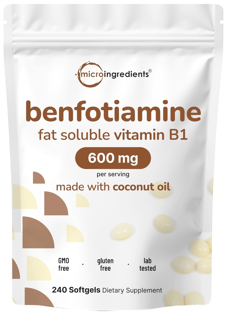 Micro Ingredientes Vitamina B1 Benfotiamine 600mg Por Serving, 240 Coconut Oil Softgels ← Bioavailable B Vitaminas Suplemento, convertido en Active Thiamine ← Non-GMO, Soy Free
