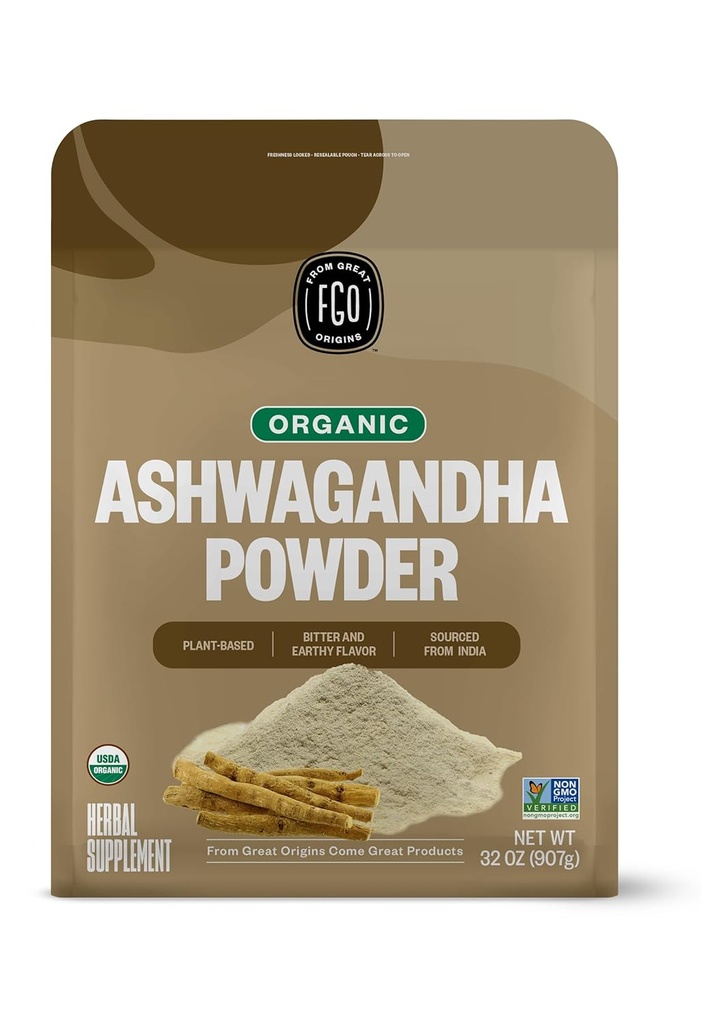 FGO Organic Ashwagandha Root Powder, 32oz Resealable Bulk Bag, Non-GMO, Indian Ginseng, Withania Somnifera, Sourced from India (Pack of 1)