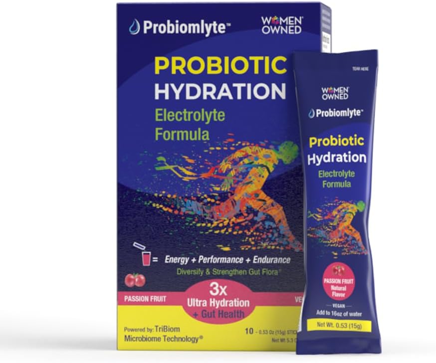 Amplificador de hidratación Probiomlyte- Probiótico (fruta de la pasión) con tecnología Patented TriBiom Microbiome para resistencia, rendimiento, energía y salud de Gut