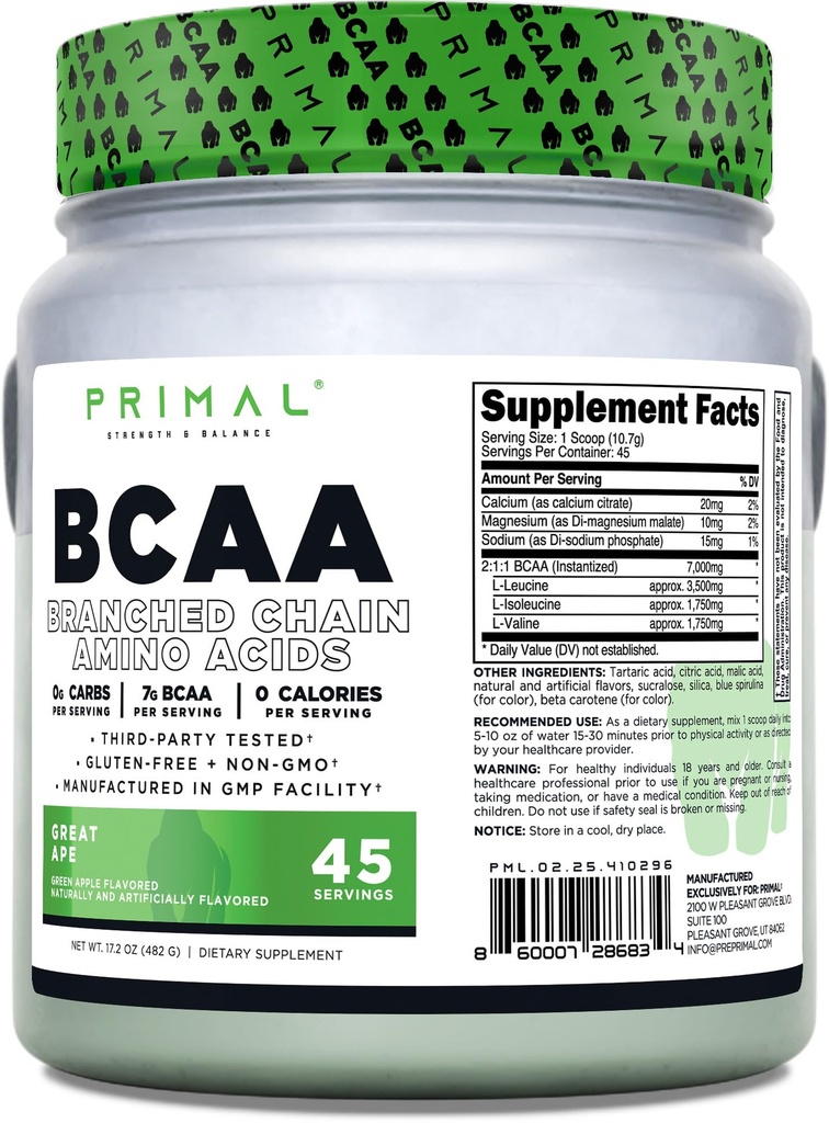Primal BCAA Powder Great Ape (45 SERV) (Gran Apple Flavored) - 0 g Carbs, 0 Calories, 7g BCAA Por Serving