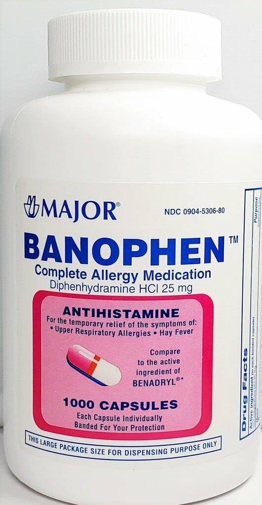 Major Banohpen - Medicación de alergia completa - Diphenhydramine HCI 25 Mg - Antihistamine - 1000 cápsulas (1 Pack)