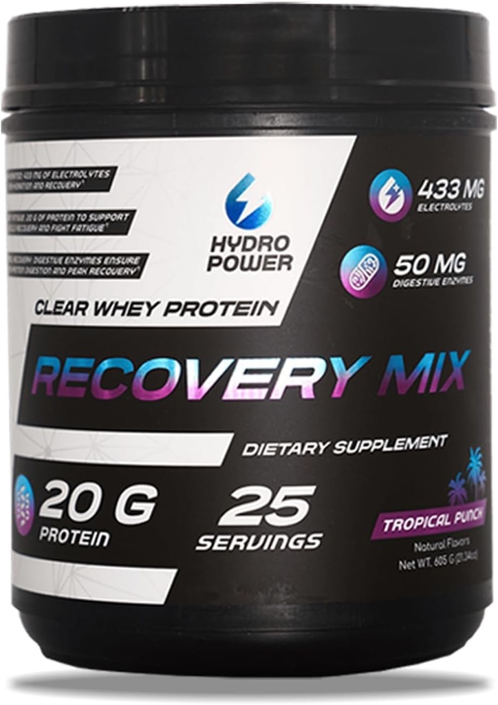 Hydro Power Clear Whey Protein Recovery Mix - Tropical Punch Flavor - 433mg Electrolytes & 20g Protein - Fuel Performance & Recovery - Dietary Supplement for Men & Women - 25 Servings