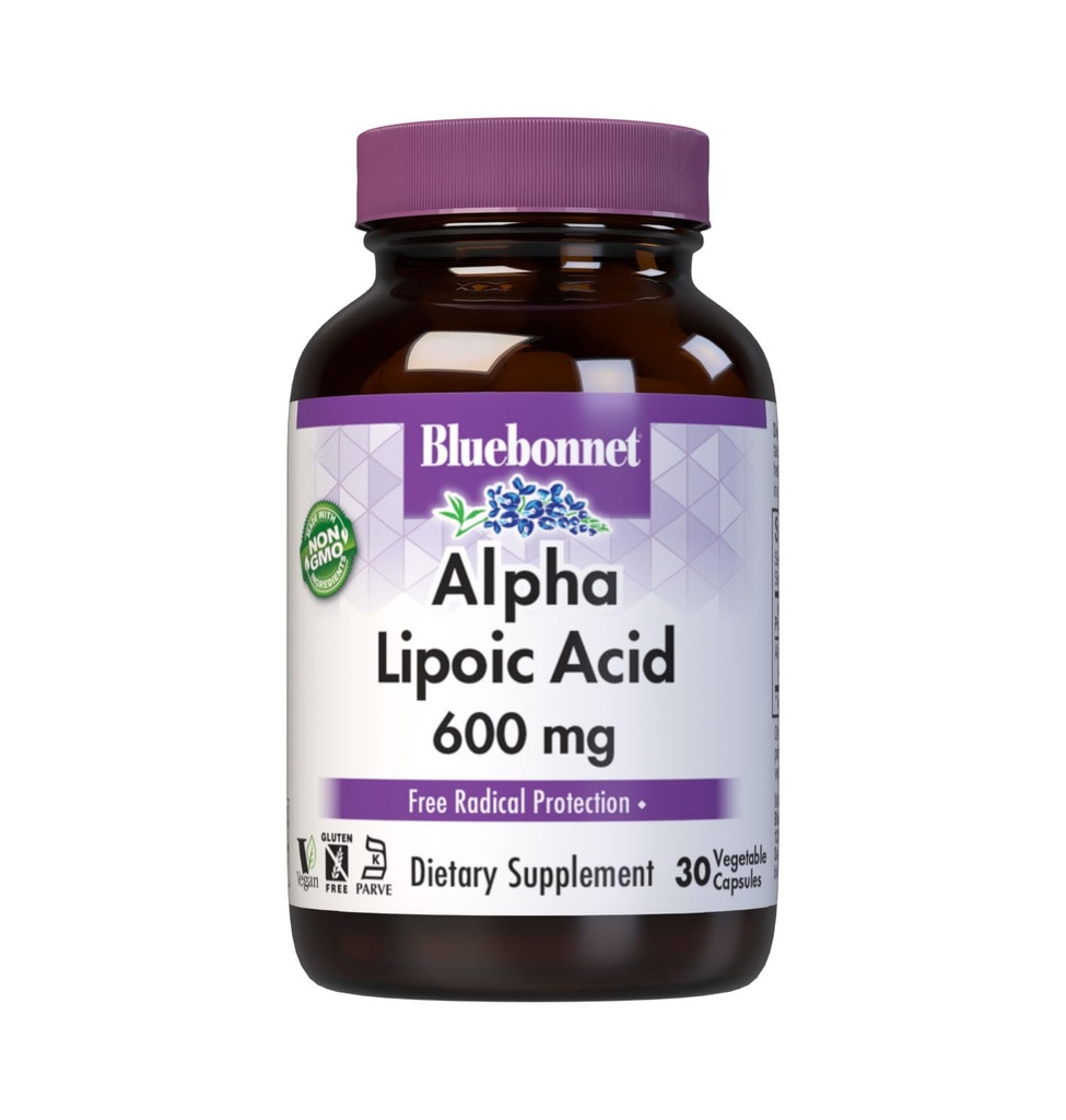 BlueBonnet Alpha Lipoic Acid 600mg - Powerful Antioxidant Nerve Support Supplement for Women & Men - Non-GMO, Vegan, Kosher - Gluten-Free, Soy-Free, Dairy-Free - 30 Vegetable Capsules
