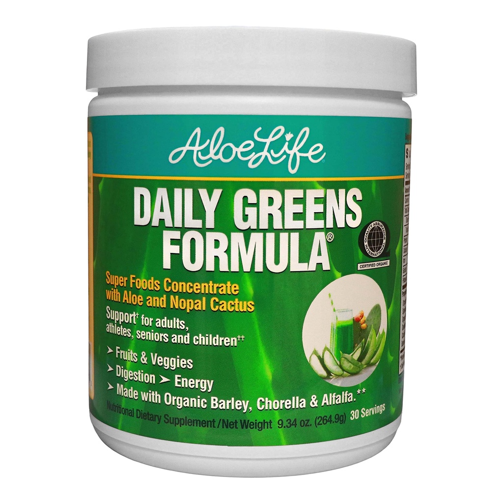 Aloe Life - Daily Greens Powder, QAI-Certified Organic Health Supplement, Antioxidants, 21 Fruits, Veggies, " Herbs including Aloe & Nopal Cactus, Low-Calorie, Keto-Friendly, Gluten-Free (30 Servings)