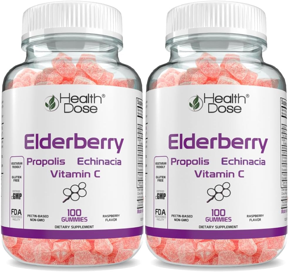 Health Dose Elderberry Sambucus Gummy Vitamins Kids 100 Gummies. with Propolis Extract, Echinacea, Vitamin C, Yummy Raspberry Flavor, Vegan, Gluten-Free, Defense, Immune Support Booster. Pack of 2