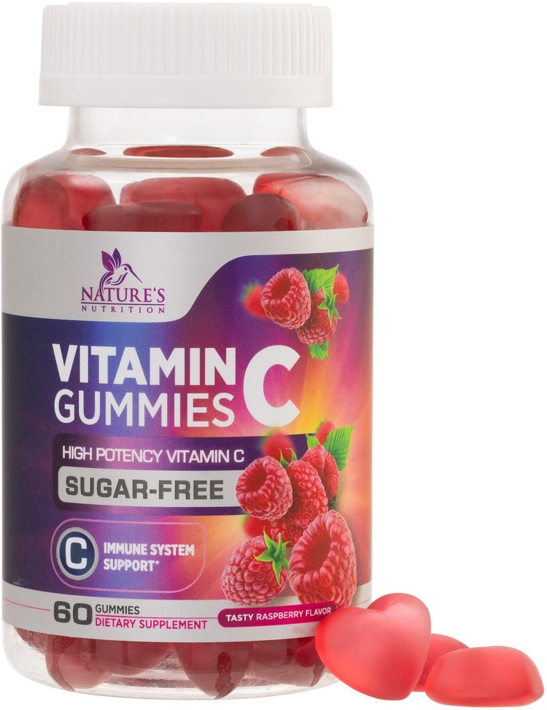Azúcar Gratis Vitamina C Gummies - Immune Support & Antioxidant VitaminC Dietary Supplement - Vegan, Non-GMO, Dairy &amp; Gluten Free C Vitamin Gummy - Raspberry Flavor for Kids & Adults - 60 Condes Gummies