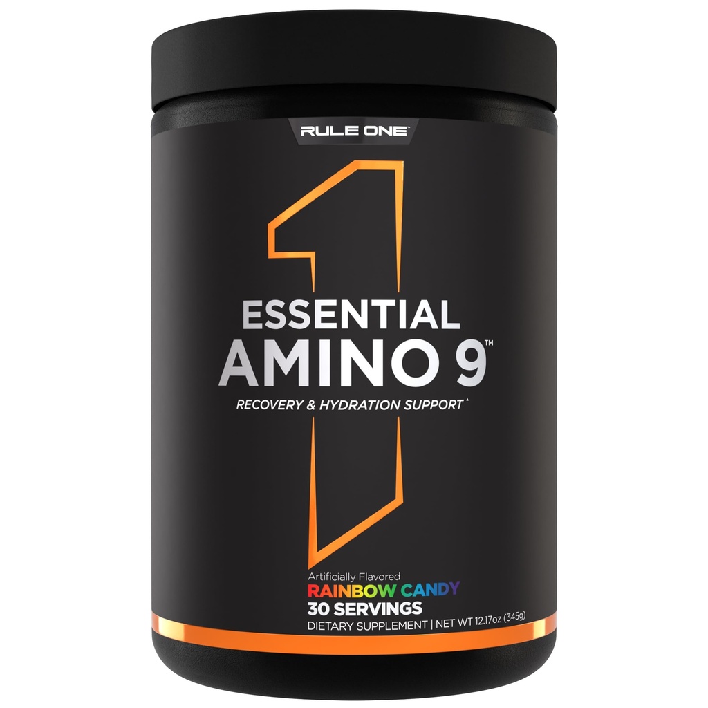 Regla 1 Amino esencial 9 – Soporte de recuperación y hidratación con 7.5g de ácidos esenciales + electrolitos (30 servidumbres, dulce arco iris)