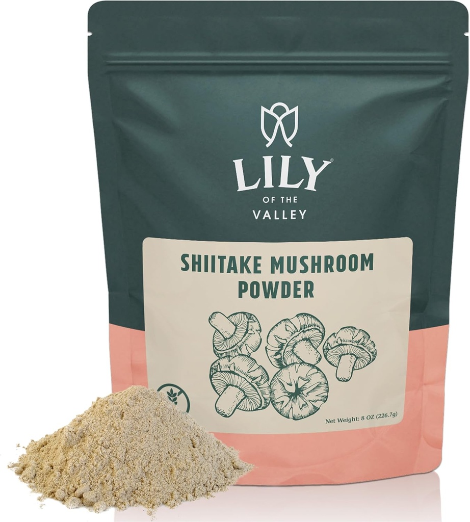 LILY OF THE VALLEY Shiitake Mushroom Powder - Hecho de la más fina sala de Shiitake seco - más fuerte sabor Umami que los baños frescos - Grande para la salsa, Soup &amp; café de seno (4oz, 113g)