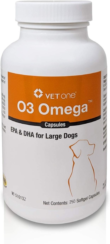 VetOne O3 Omega Soft Gel para perros grandes - Asistencia de ácido graso esencial - Esquí &amp; Coat Suplemento - 250 cápsulas