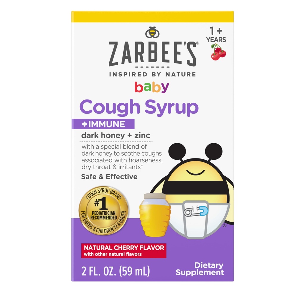 Zarbee's Baby Honey Cough Syrup + Immune for Babies 12-24 Months, Safe & Effective Cough Syrup with Soothing Dark Honey & Zinc for Immune Support*, Drug &amp; Alcohol-Free, Cherry, 2 fl. oz