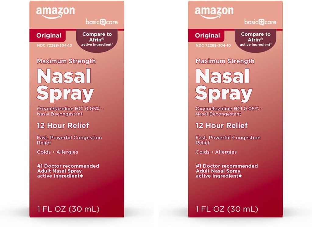 Cuidado básico Máximo Fuerza 12 Hora Nasal Spray, Oxymetazolina Solución HCl, Alivio de Congestión, Medicina Fría y Alergia, Decongestant, 1 Fl Oz (Pack of 2)