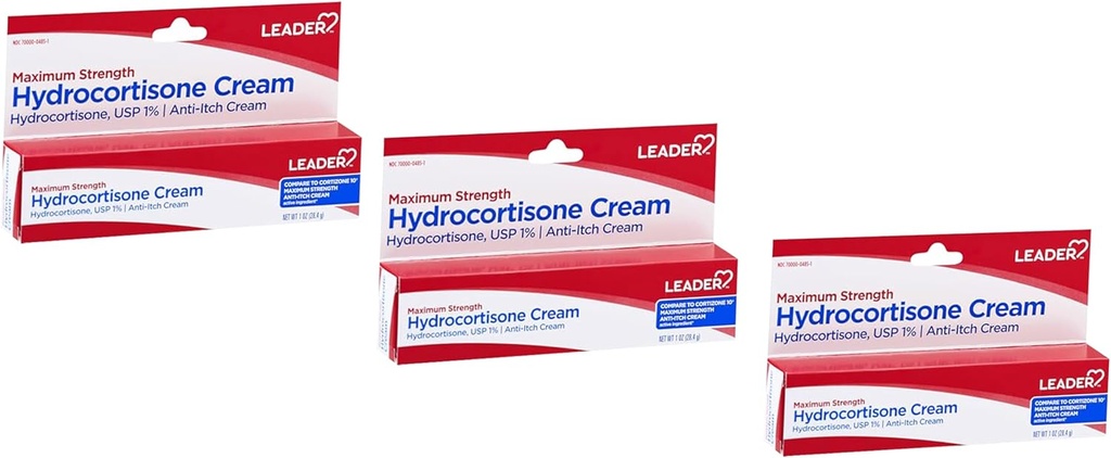 Leader Hydrocortisone Cream, Anti-Itch Lotion for Psoriasis, Maximum Strength, Instant Itch Relief Cream for Mosquito Bites, Eczema, Dermatitis, Skin Infections & Hemorrhoids, 1 oz (3)