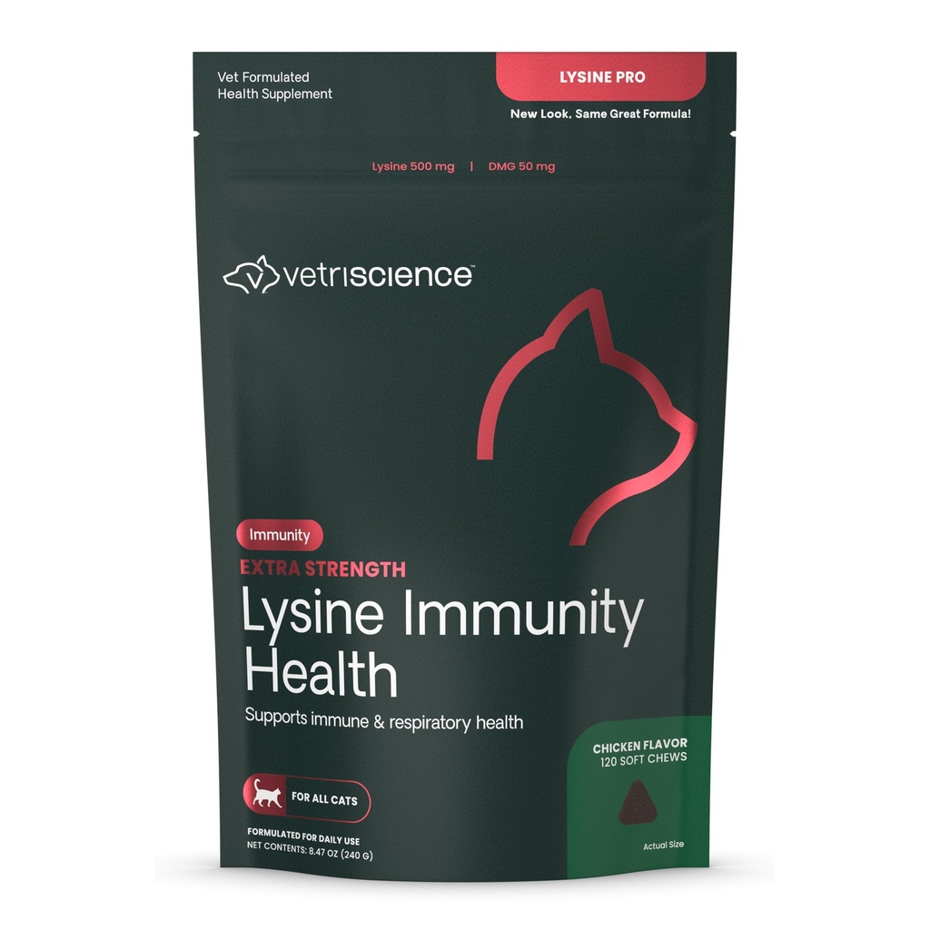 VETRISCIENCE Extra Strength Lysine Immunity Health Chews - Suplemento de inmunidad para gatos de todas las edades - Soporta función inmunitaria, salud ocular y función cardiovascular - 120 Conde
