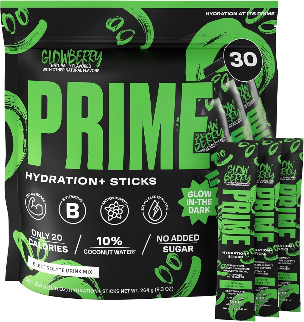 PRIME HYDRATION+ Sticks GLOWBERRY | Hydration Powder Single Serve Sticks | Electrolyte Powder On The Go | Low Sugar | Caffeine-Free | Vegan | 30 Sticks