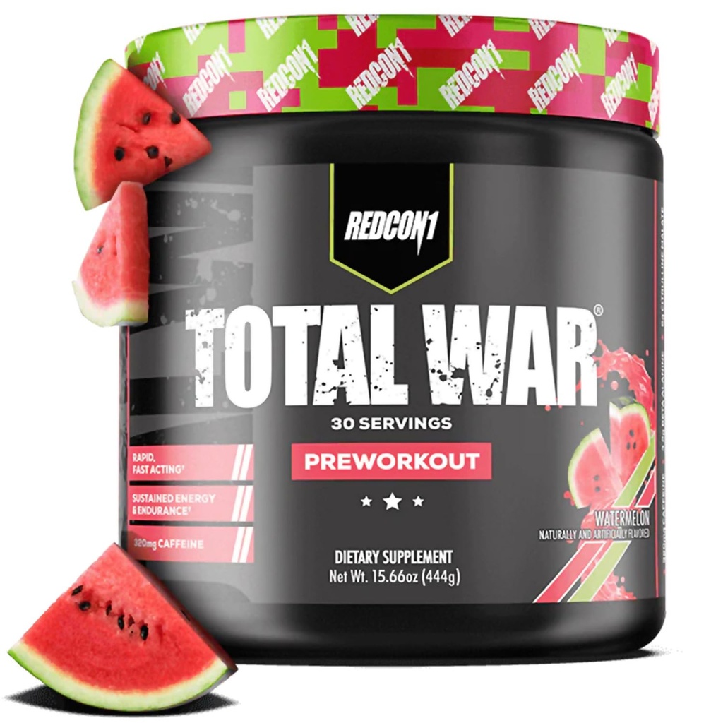 REDCON1 Total War Pre Workout, Watermelon - L Citrulline, Malic Acid, Green Tea Leaf Extract for Pump Boosting Pre Workout for Women &amp; Men - 3.2g Beta Alanine to Reduce Exhaustion (30 Servings)