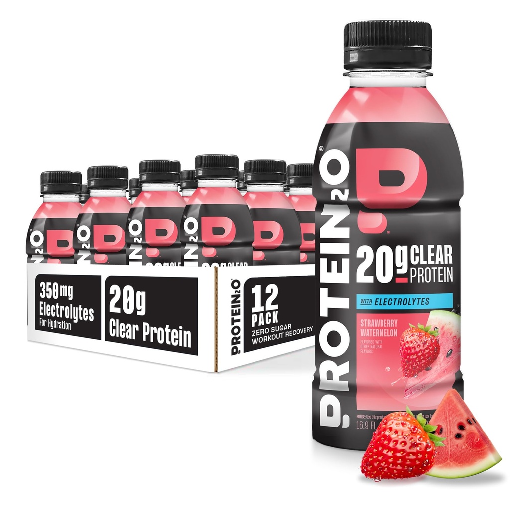 Bebida de hidratación Protein2o - 2-en-1 Liquid Clear Whey Protein Isolate and Electrolyte Drink - 20g Protein, Vitaminas B5, B6 - Recuperación de Post-Workout - 16.9 Fl Oz - 12 Conde Strawberry Watermelon