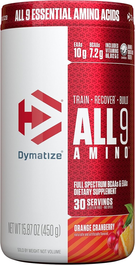 Dymatize All9 Amino, 7.2g of BCAAs, 10g of Full Spectrum Essential Amino Acids Per Serving for Recovery and Optimal Muscle Protein Synthesis, Orange Cranberry, 30 Servings, 15.87 Ounce